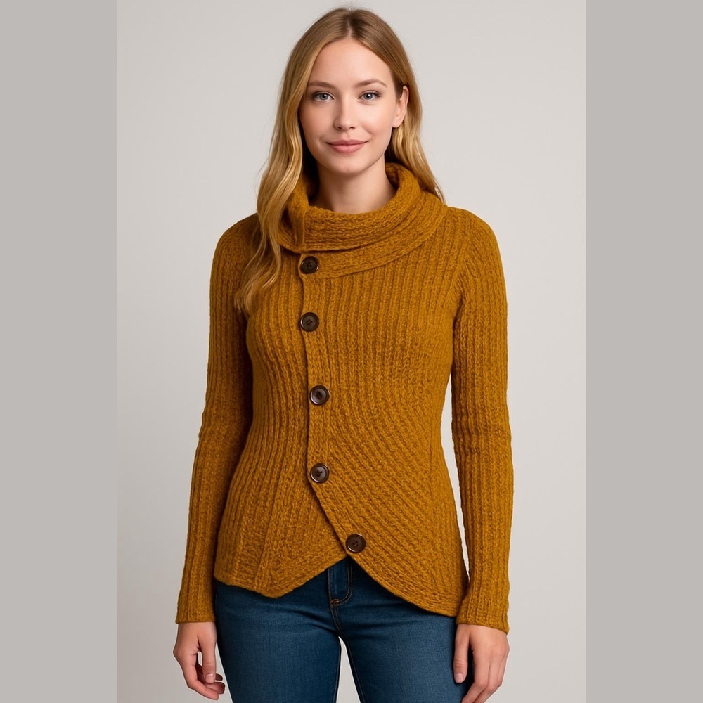 Mustard Yellow Turtle Cowl Neck Chunky Knit Sweater Size Small Asymmetrical Hem